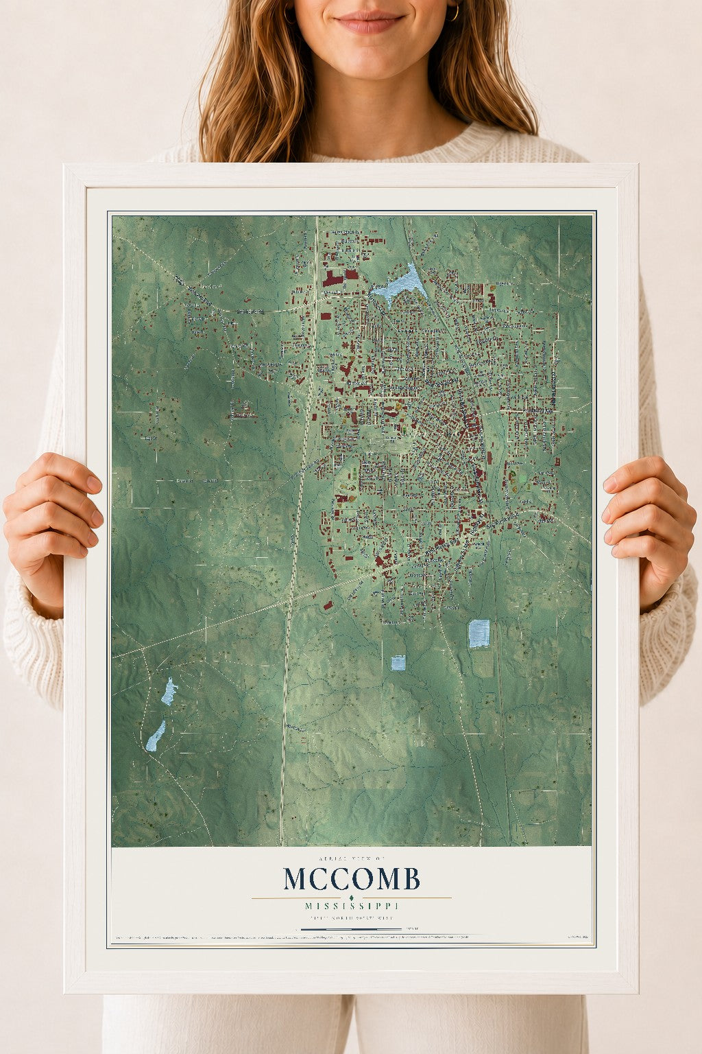 Map of McComb, Mississippi, 18 x 24 inch print in a white wood frame