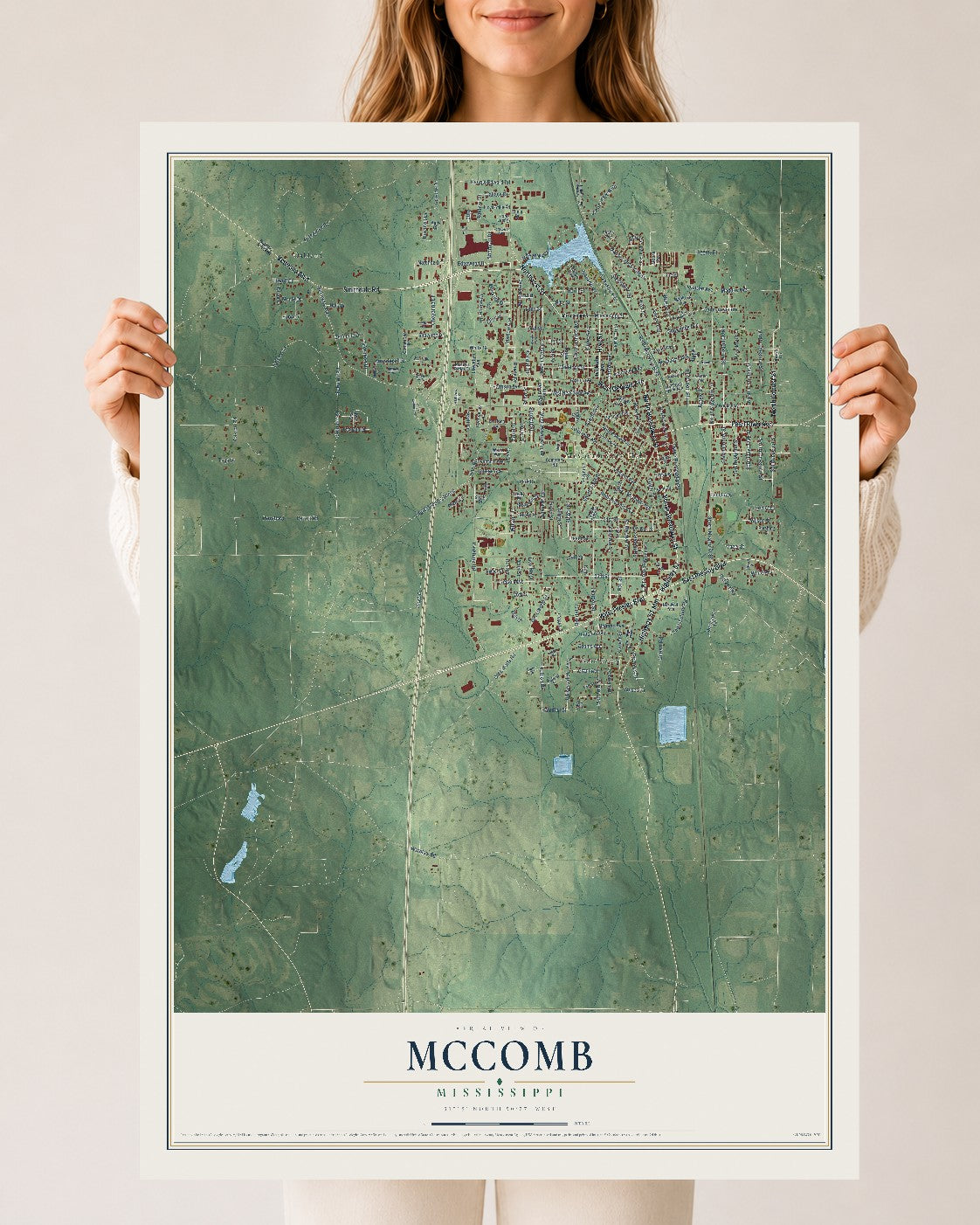 Map of McComb, Mississippi, 24 x 36 inch unframed archival matte print