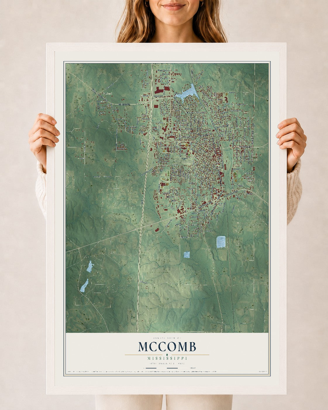 Map of McComb, Mississippi, 24 x 36 inch print in a white wood frame