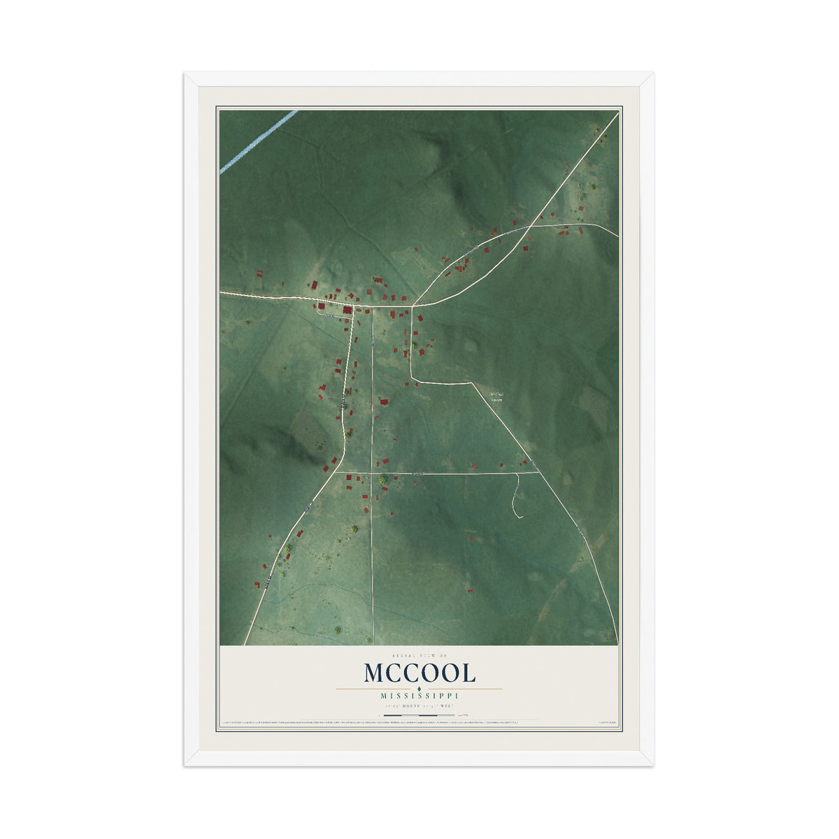 Map of McCool, Mississippi, 12 x 18 inch print in a white wood frame