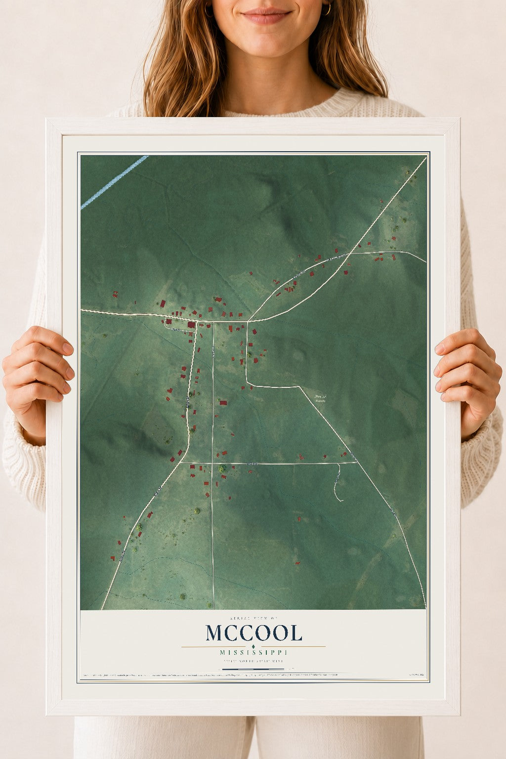 Map of McCool, Mississippi, 18 x 24 inch print in a white wood frame