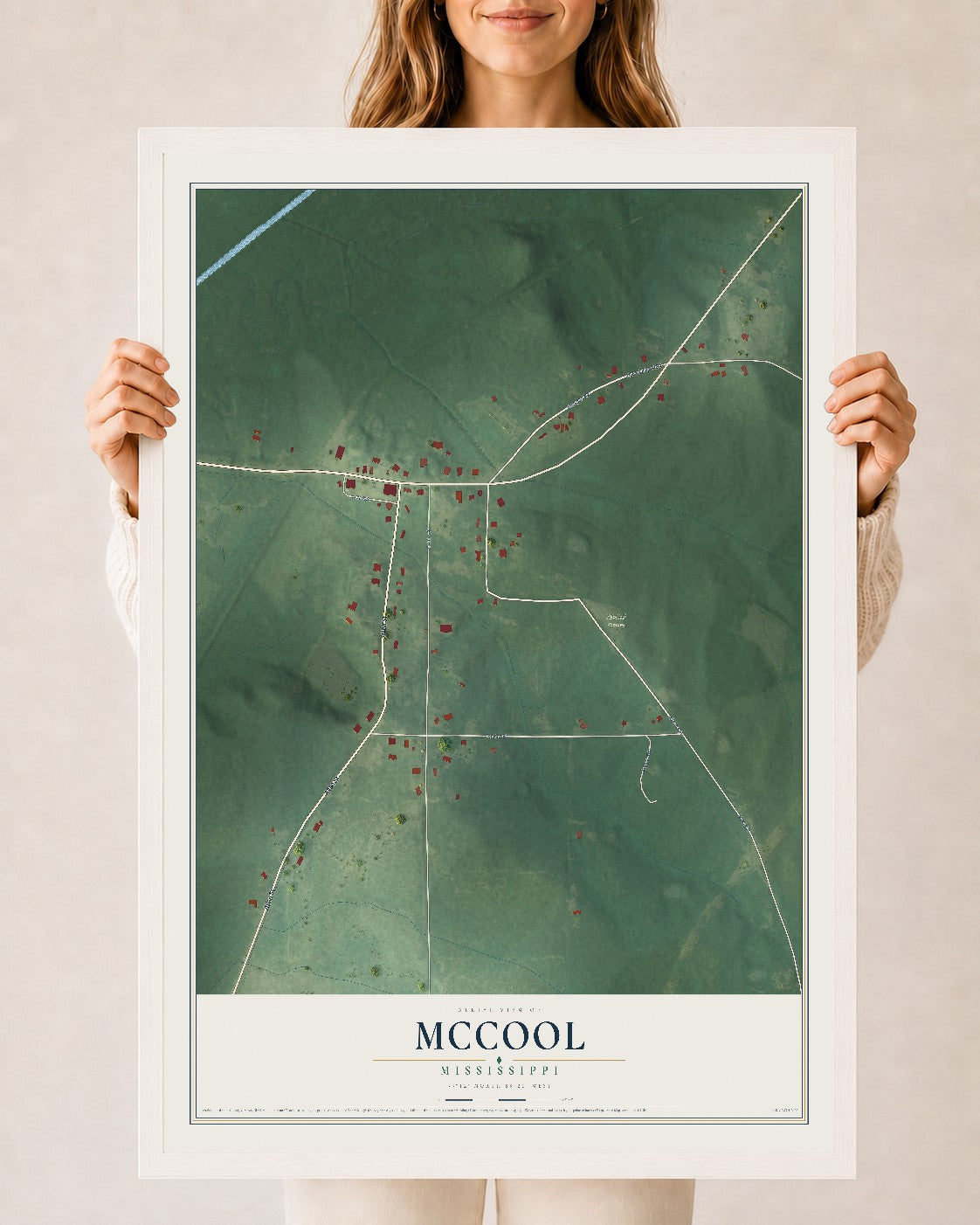 Map of McCool, Mississippi, 24 x 36 inch print in a white wood frame