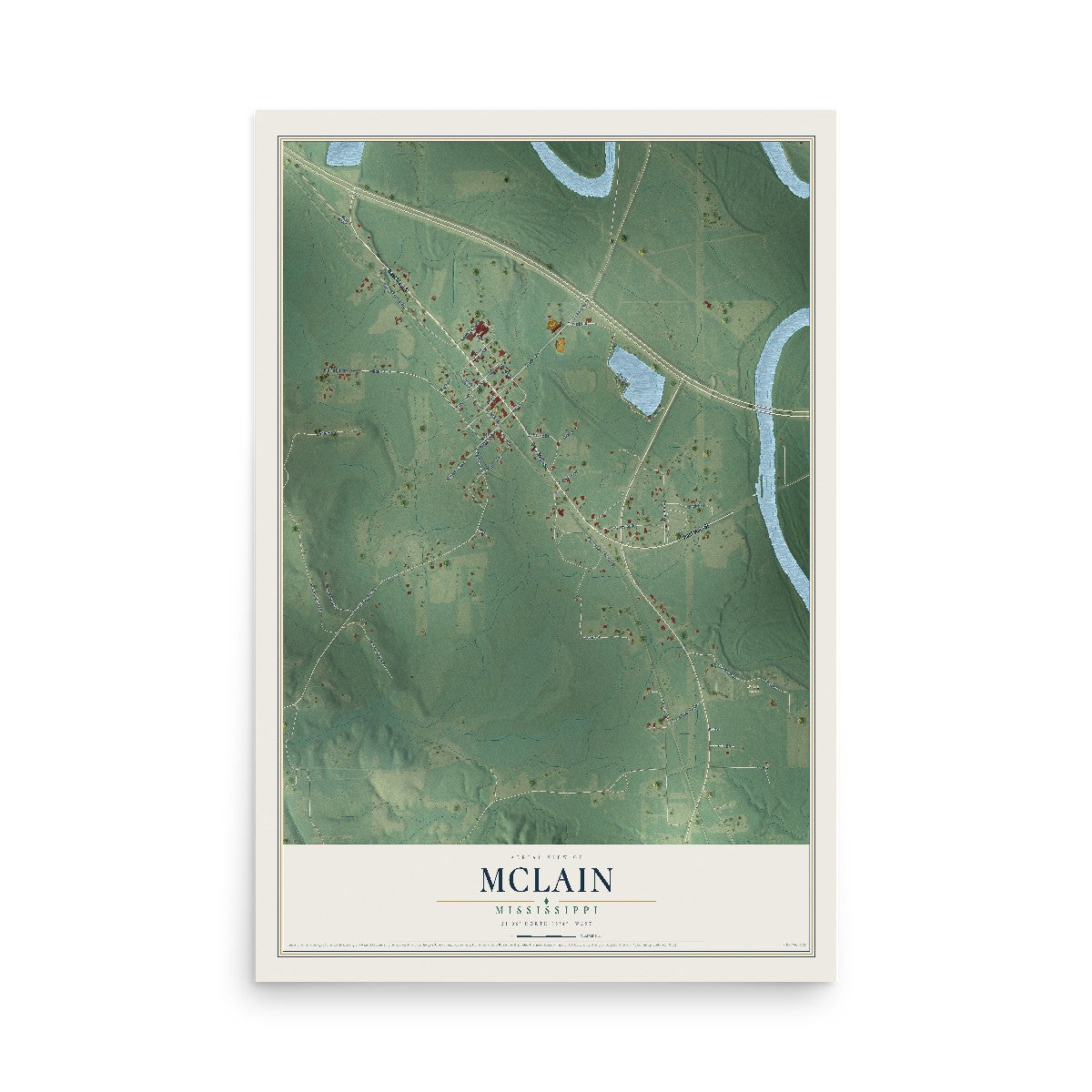 Map of McLain, Mississippi, 12 x 18 inch unframed archival matte print