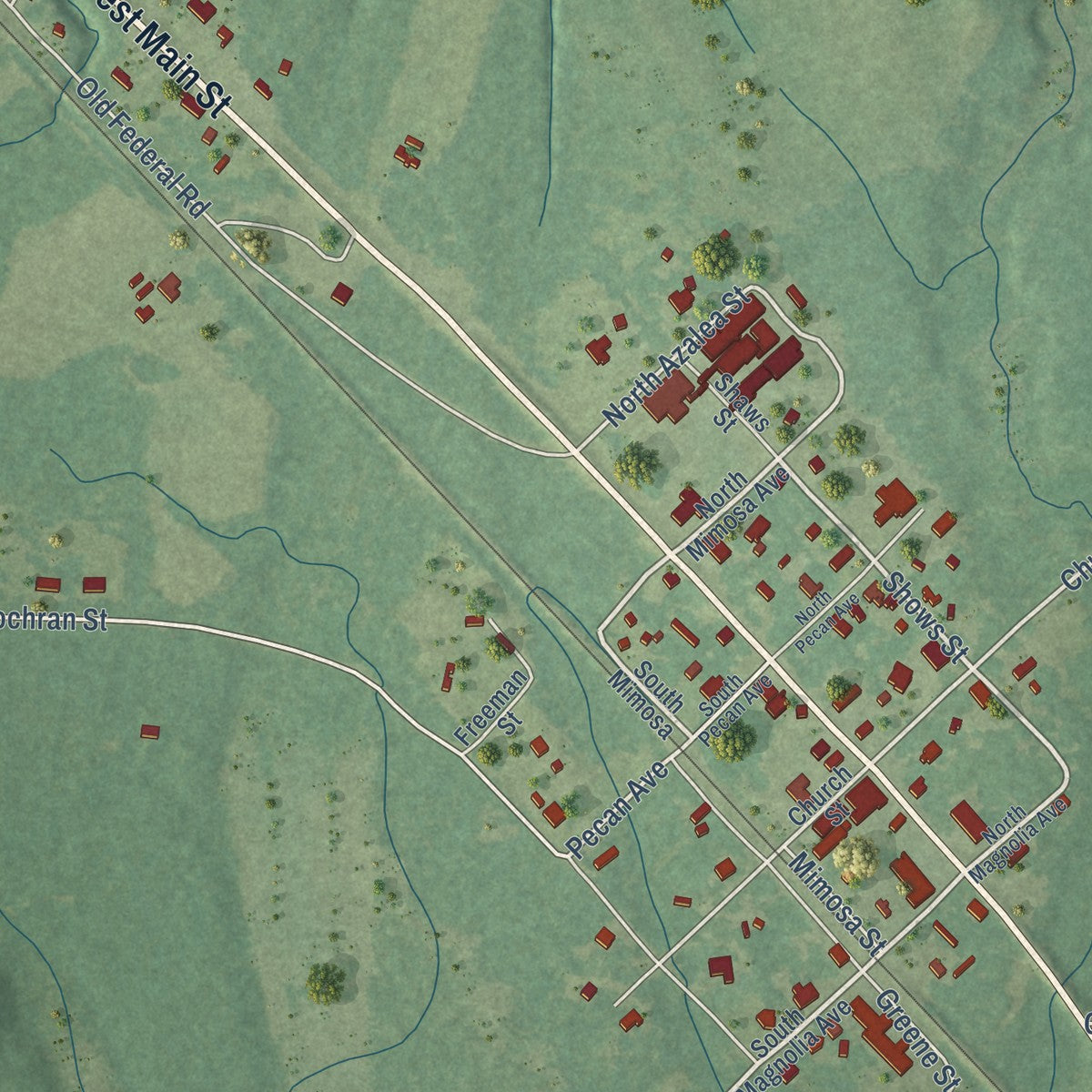 Close-up of the map of McLain, Mississippi print showing street and building detail