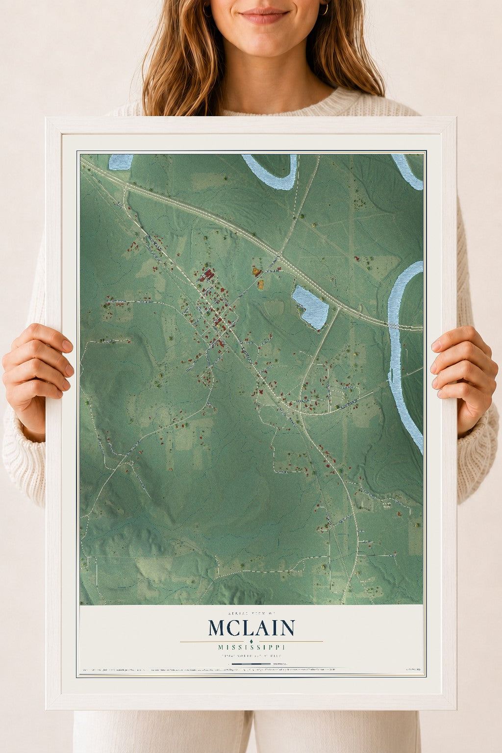 Map of McLain, Mississippi, 18 x 24 inch print in a white wood frame