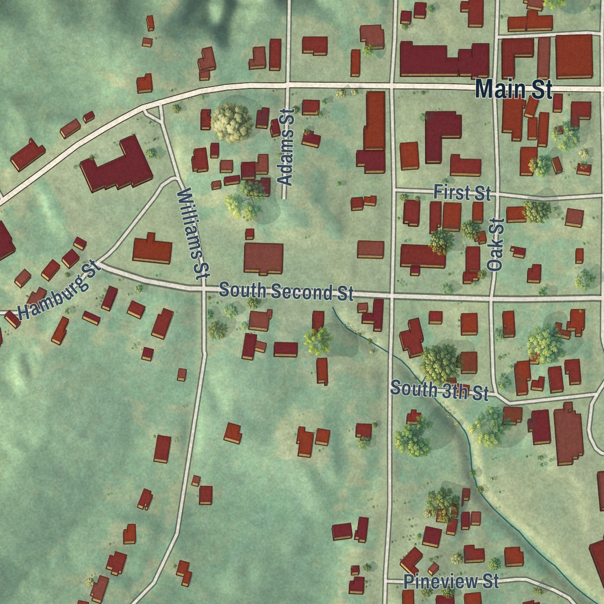 Close-up of the map of Meadville, Mississippi print showing street and building detail