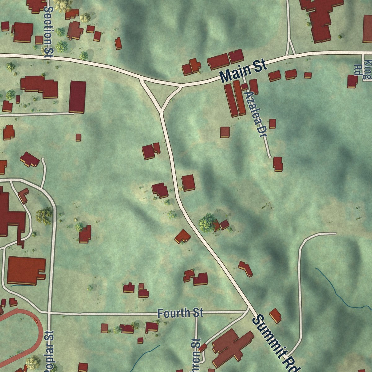 Second close-up of the map of Meadville, Mississippi print showing more streets and buildings