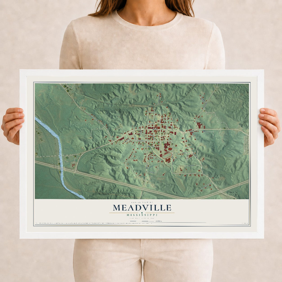 Map of Meadville, Mississippi, 12 x 18 inch print in a white wood frame