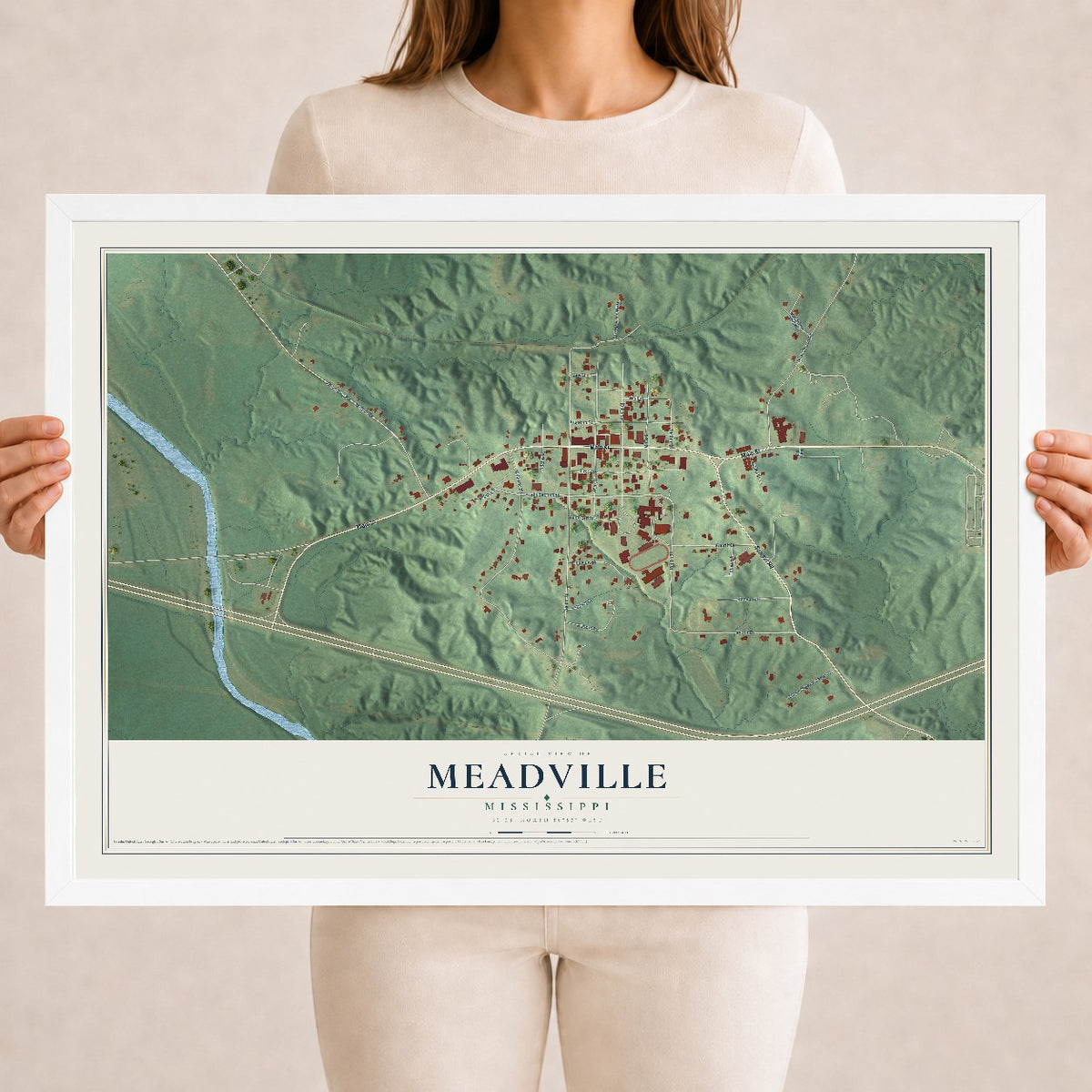 Map of Meadville, Mississippi, 18 x 24 inch print in a white wood frame