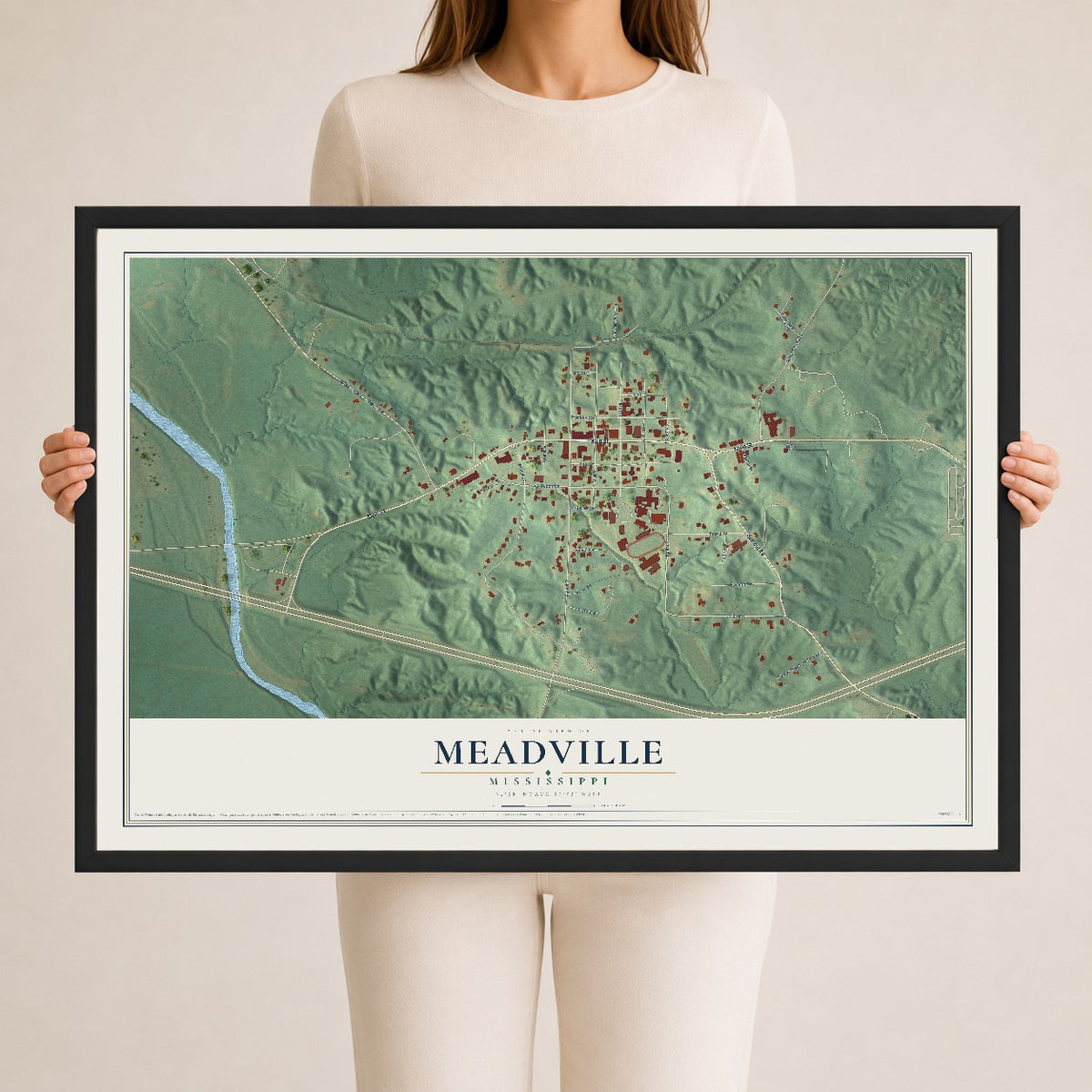 Map of Meadville, Mississippi, 24 x 36 inch print in a black wood frame