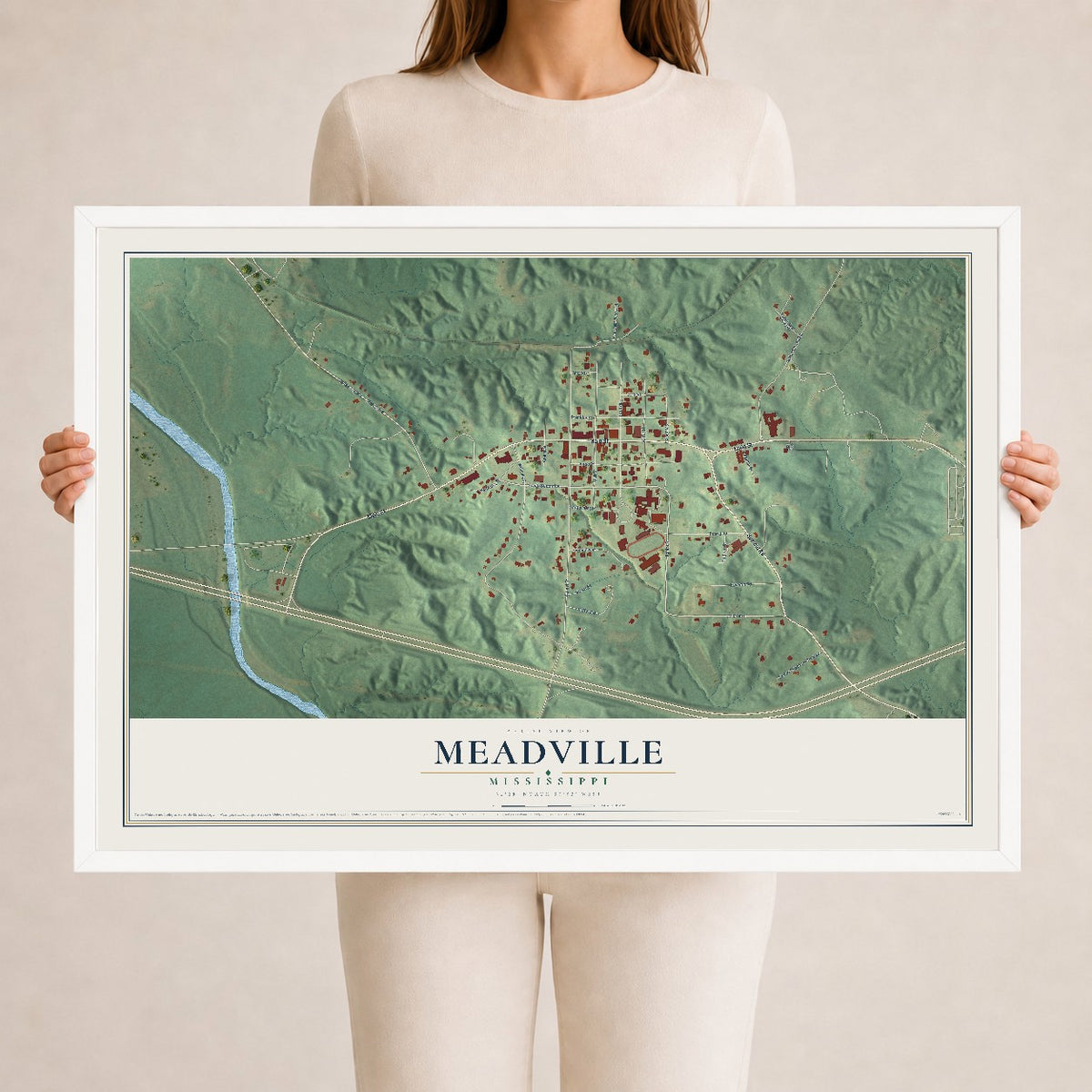 Map of Meadville, Mississippi, 24 x 36 inch print in a white wood frame