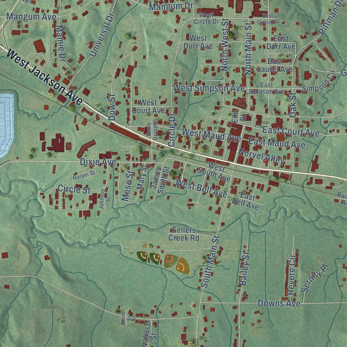 Close-up of the map of Mendenhall, Mississippi print showing street and building detail