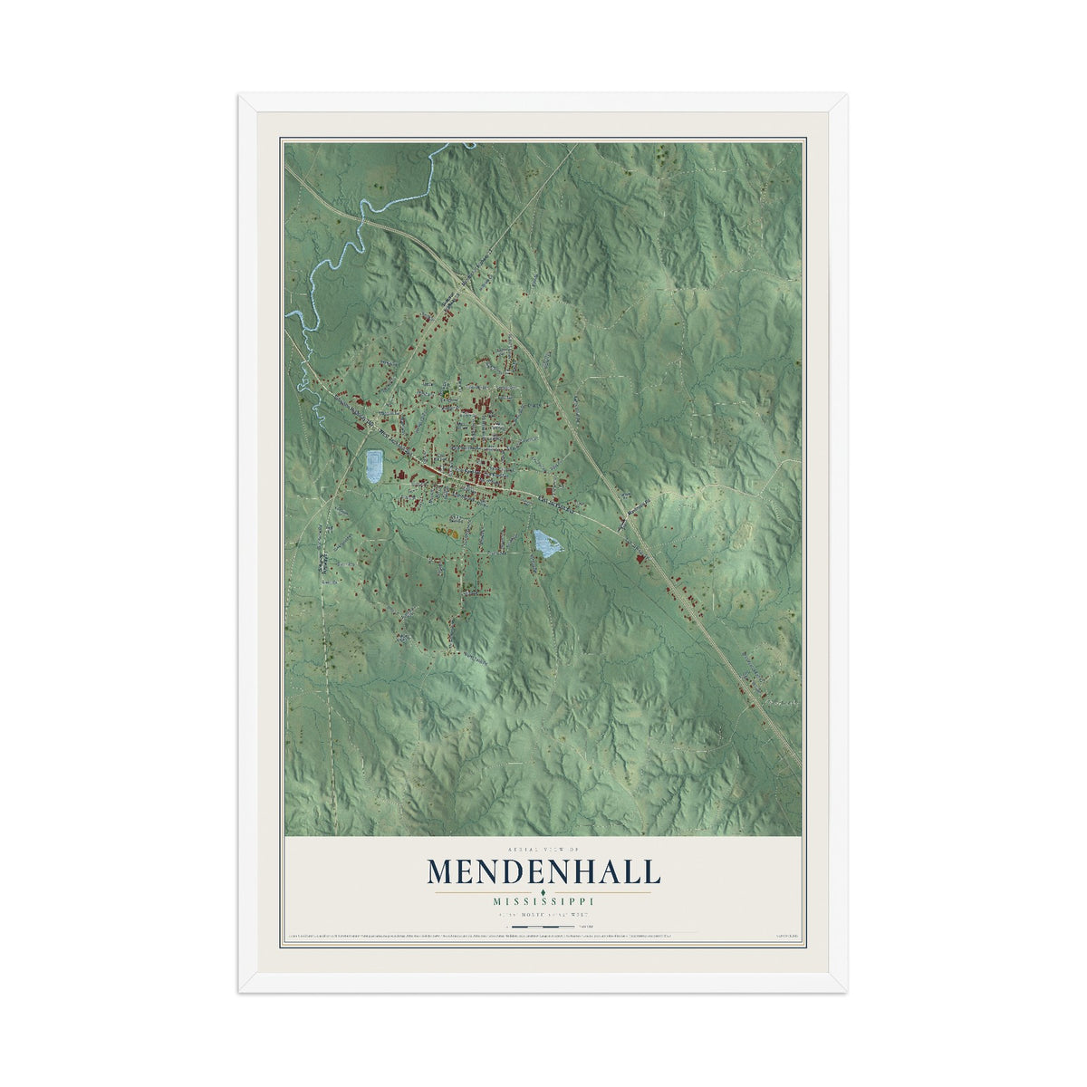 Map of Mendenhall, Mississippi, 12 x 18 inch print in a white wood frame