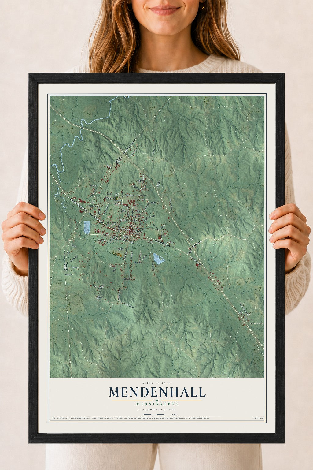 Map of Mendenhall, Mississippi, 18 x 24 inch print in a black wood frame