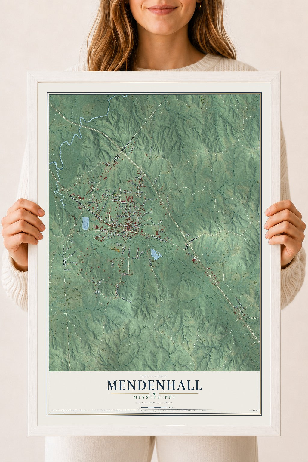 Map of Mendenhall, Mississippi, 18 x 24 inch print in a white wood frame
