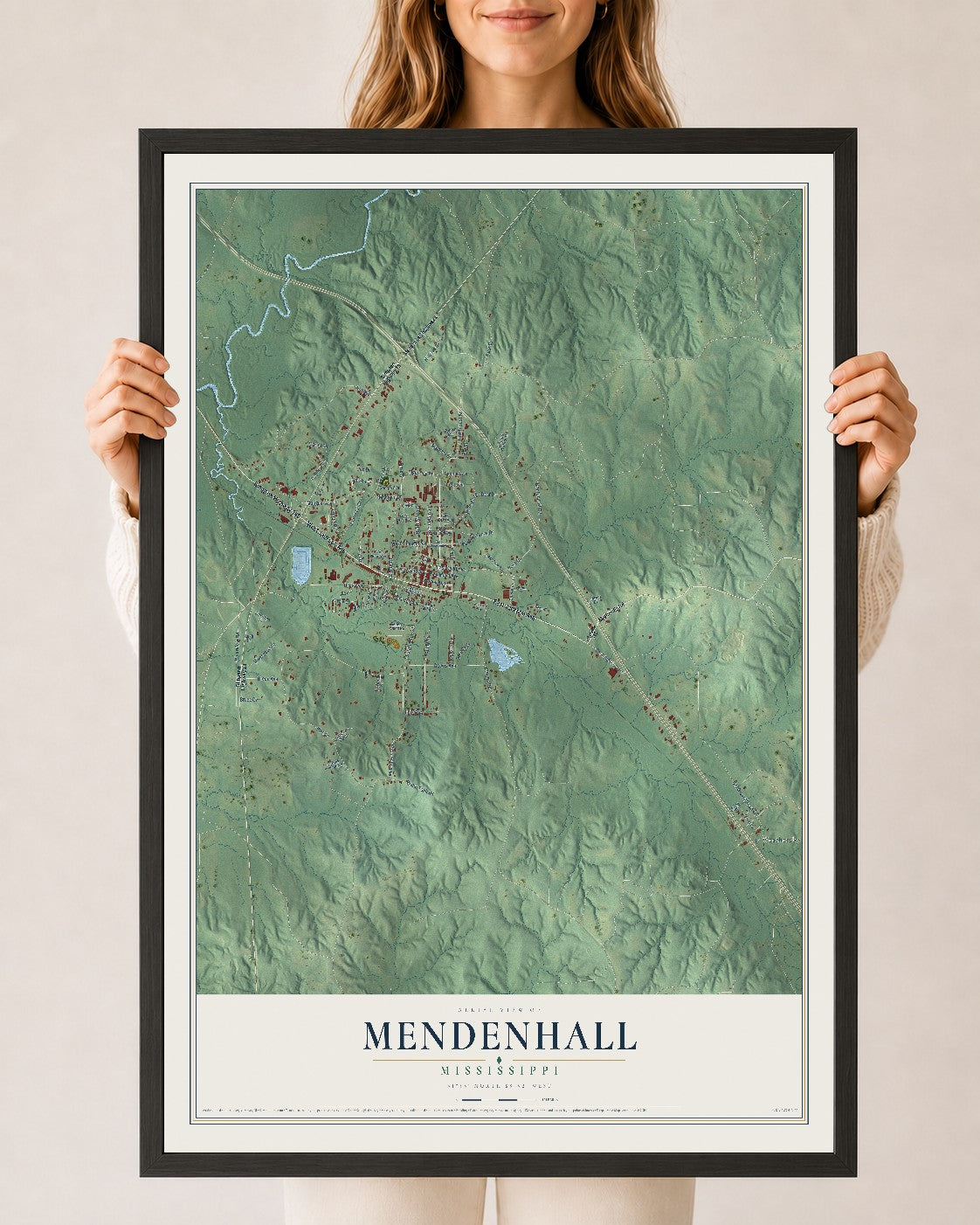 Map of Mendenhall, Mississippi, 24 x 36 inch print in a black wood frame