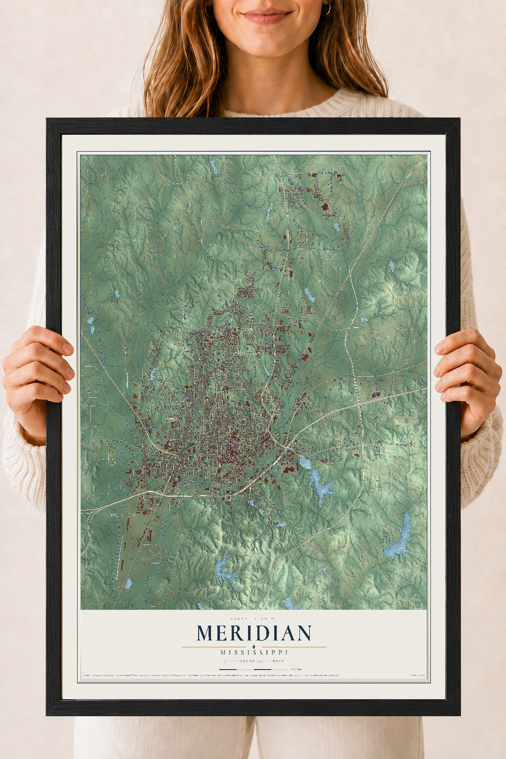 Map of Meridian, Mississippi, 18 x 24 inch print in a black wood frame