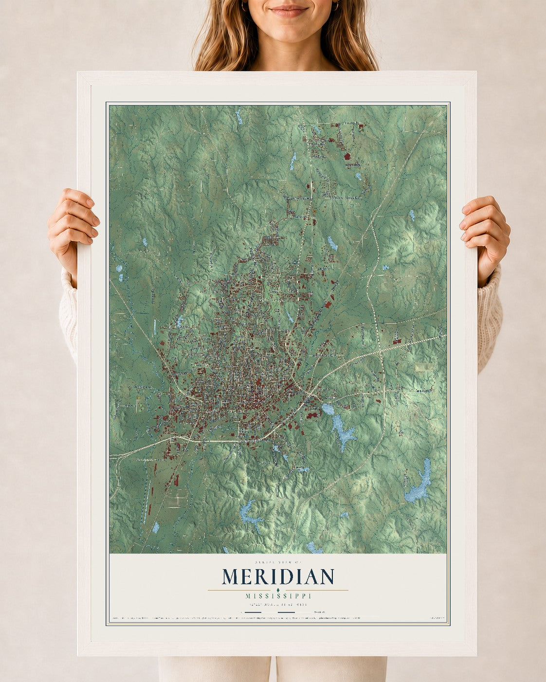Map of Meridian, Mississippi, 24 x 36 inch print in a white wood frame