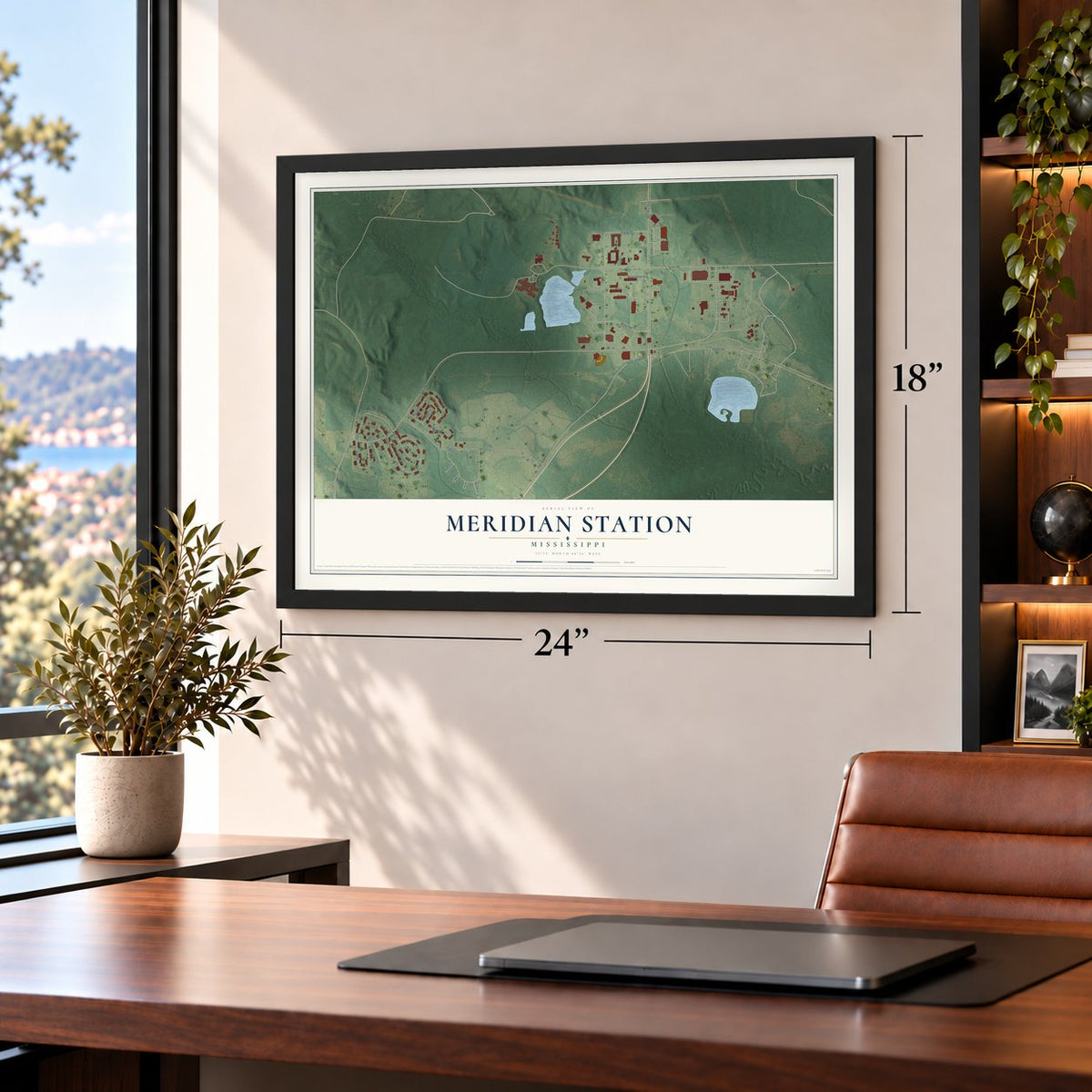 Meridian Station, Mississippi map, 18 x 24 inch print in a black frame in a home office