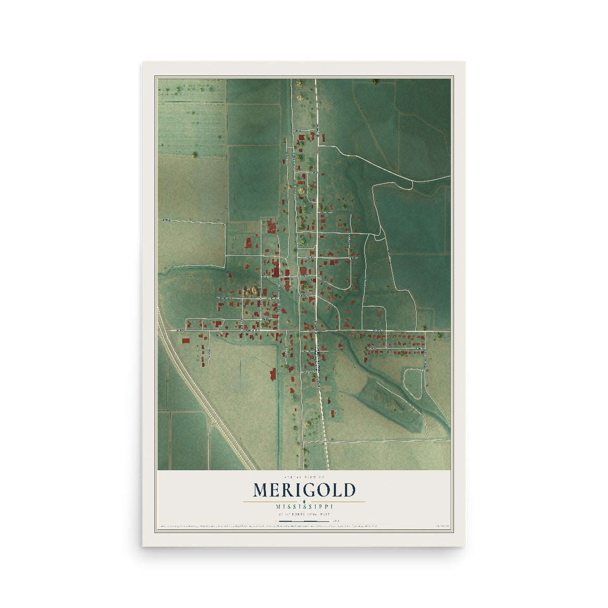 Map of Merigold, Mississippi, 12 x 18 inch unframed archival matte print