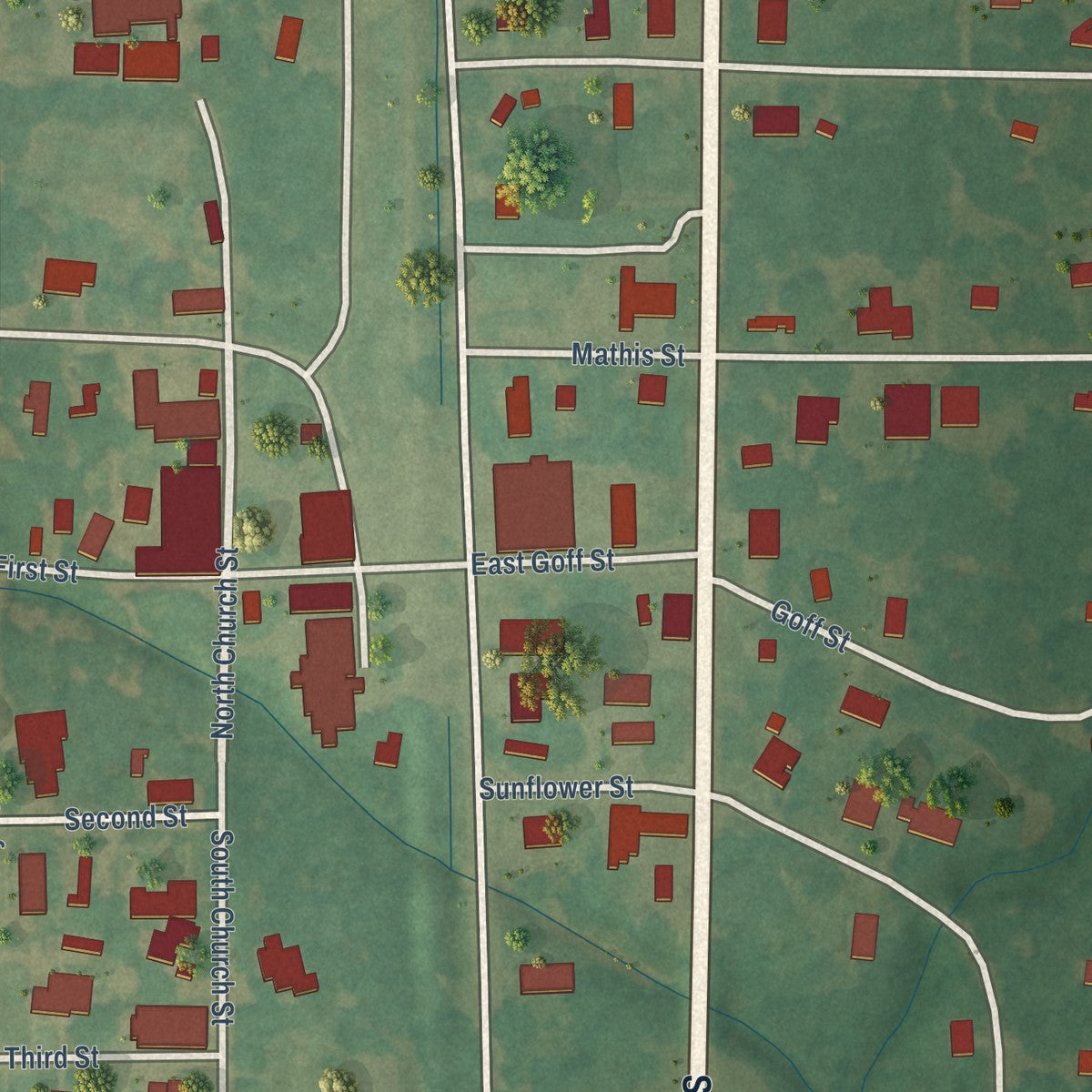 Close-up of the map of Merigold, Mississippi print showing street and building detail