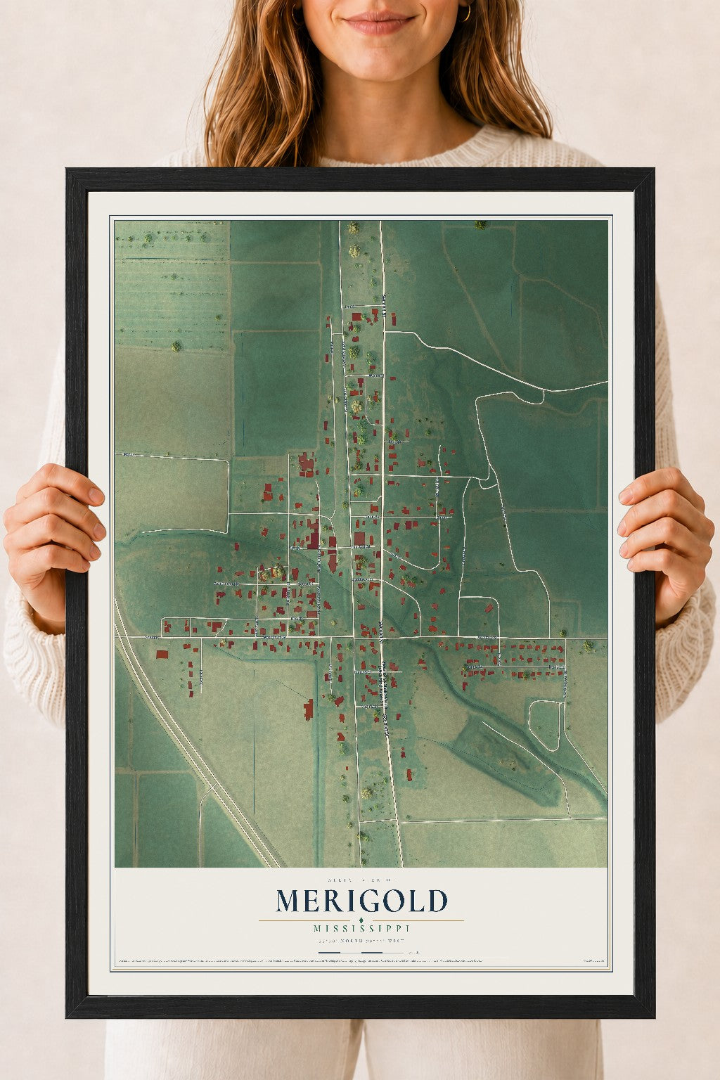 Map of Merigold, Mississippi, 18 x 24 inch print in a black wood frame