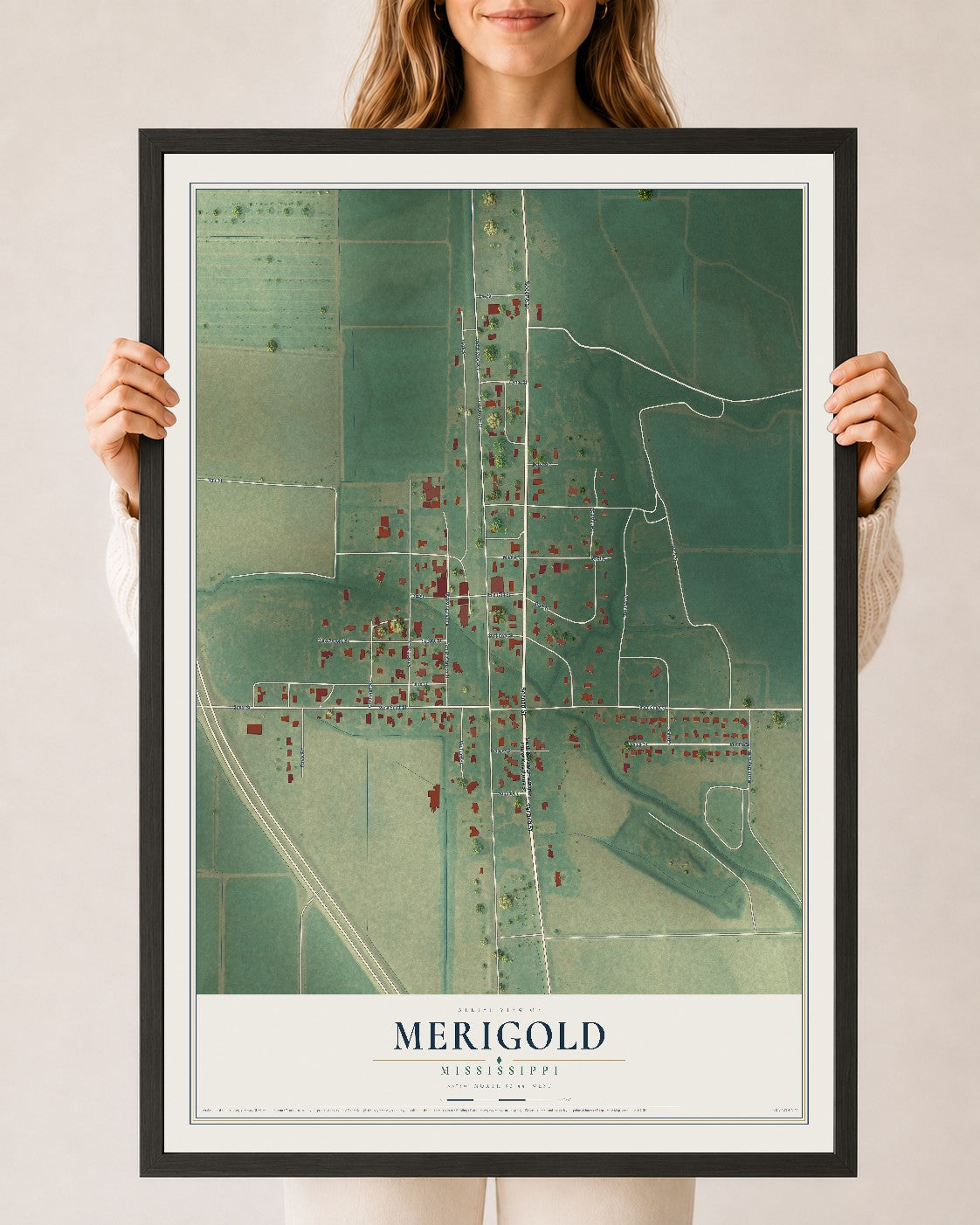 Map of Merigold, Mississippi, 24 x 36 inch print in a black wood frame