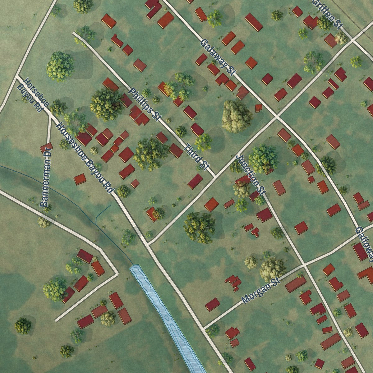 Close-up of the map of Metcalfe, Mississippi print showing street and building detail