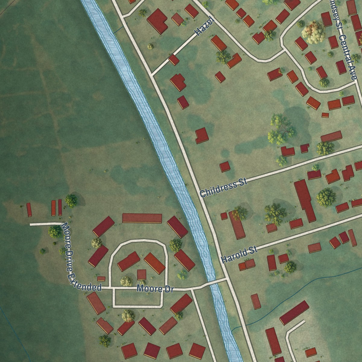 Second close-up of the map of Metcalfe, Mississippi print showing more streets and buildings