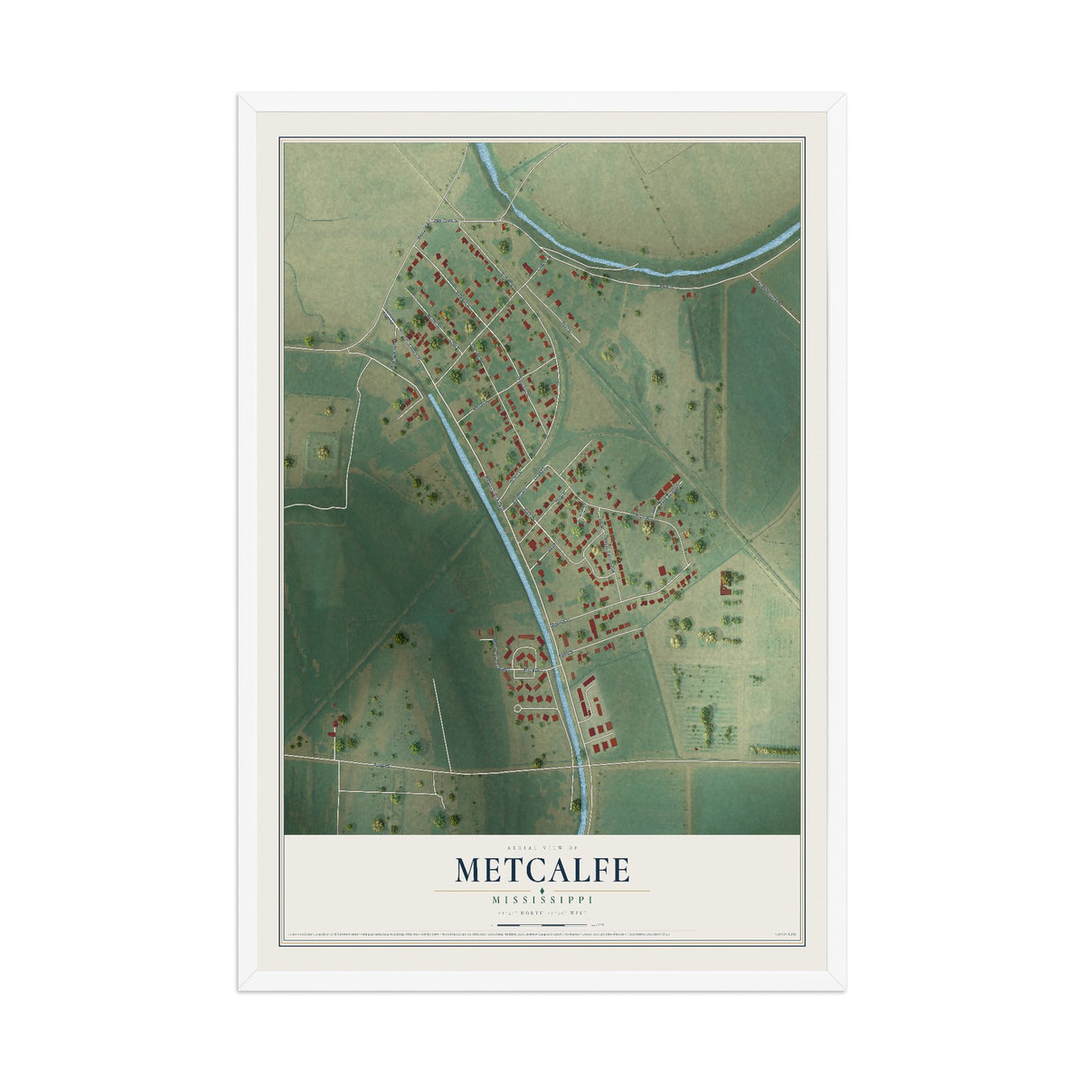 Map of Metcalfe, Mississippi, 12 x 18 inch print in a white wood frame