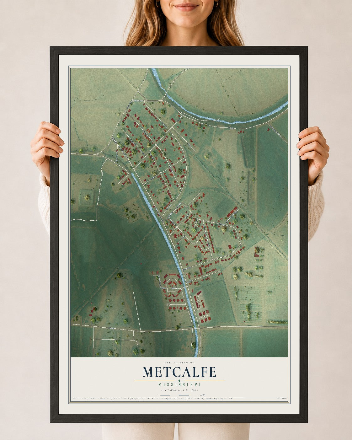 Map of Metcalfe, Mississippi, 24 x 36 inch print in a black wood frame