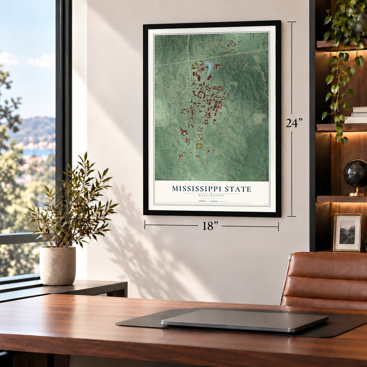 Mississippi State, Mississippi map, 18 x 24 inch print in a black frame in a home office