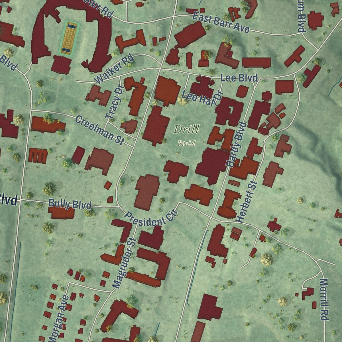 Close-up of the map of Mississippi State, Mississippi print showing street and building detail