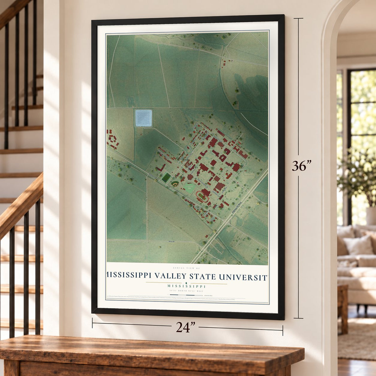 Mississippi Valley State University, Mississippi map, 24 x 36 inch print in a black frame by a staircase