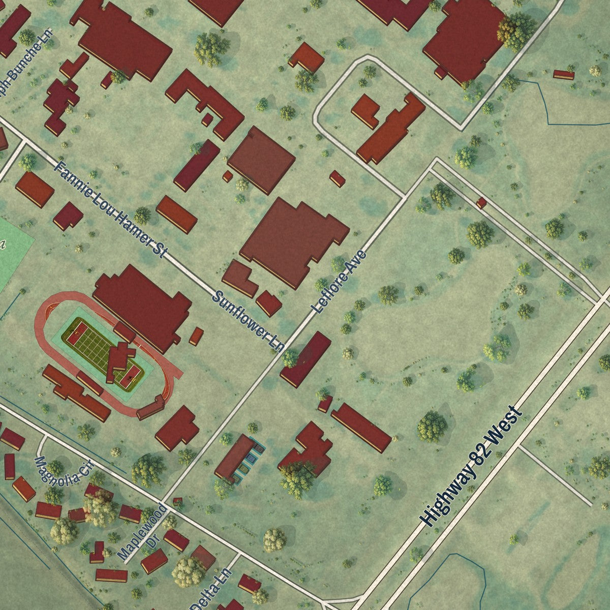 Close-up of the map of Mississippi Valley State University, Mississippi print showing street and building detail