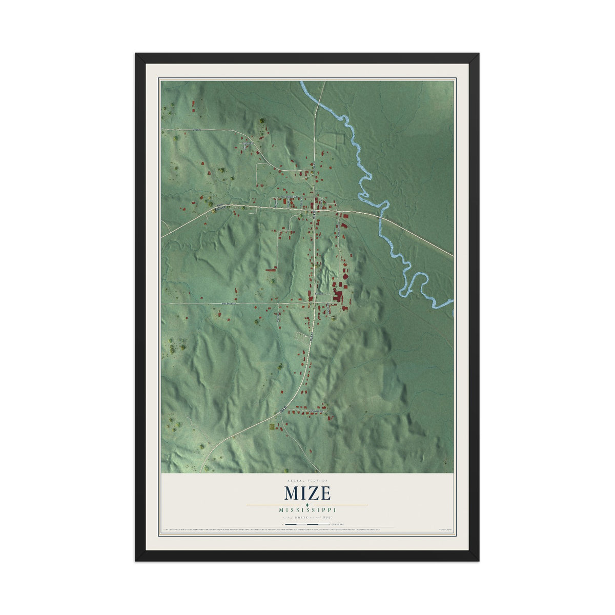 Map of Mize, Mississippi, 12 x 18 inch print in a black wood frame