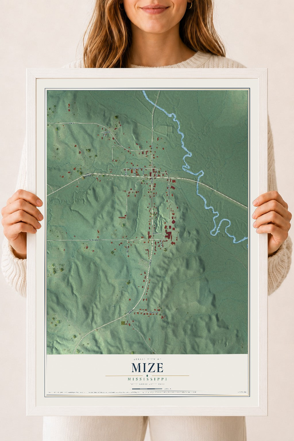 Map of Mize, Mississippi, 18 x 24 inch print in a white wood frame