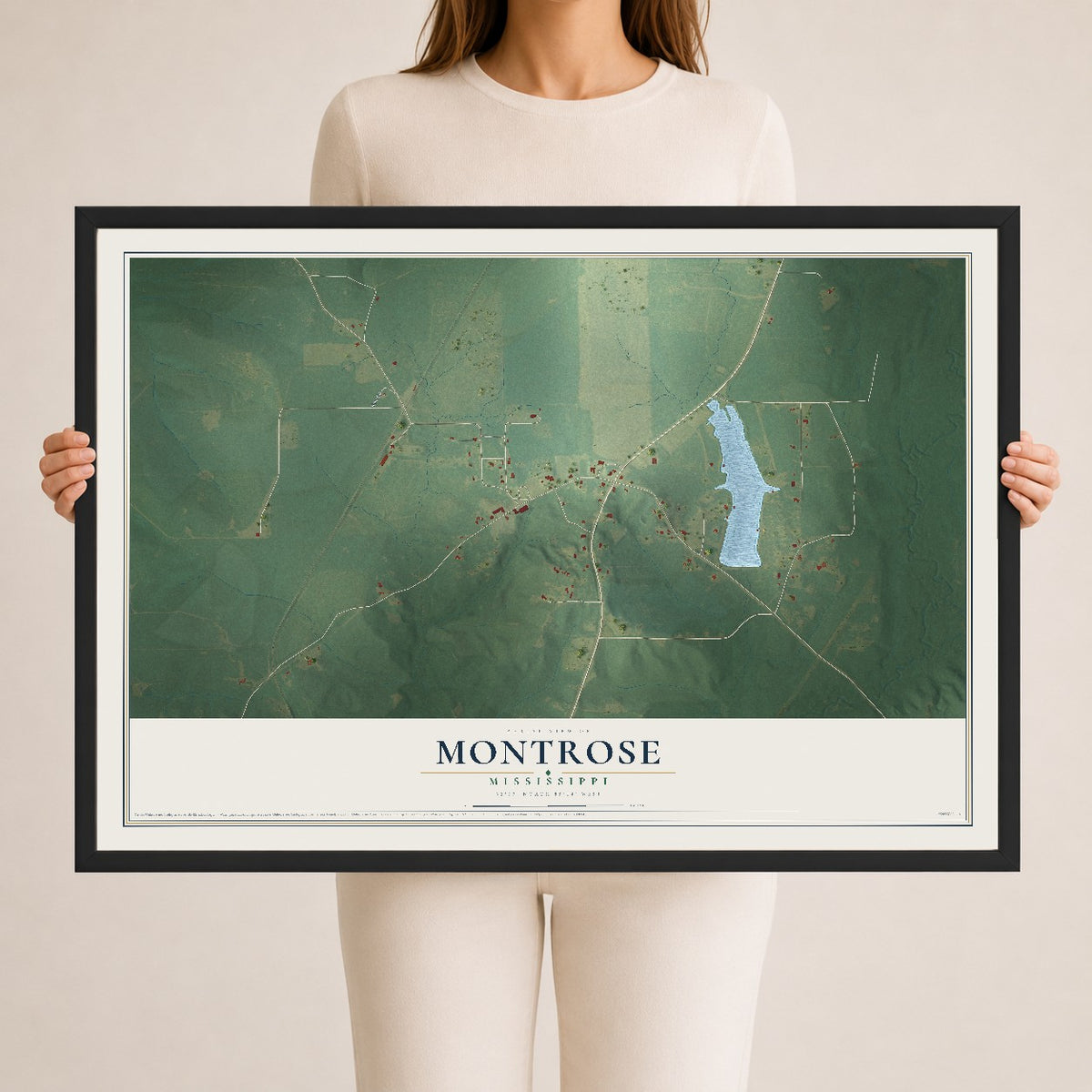 Map of Montrose, Mississippi, 24 x 36 inch print in a black wood frame