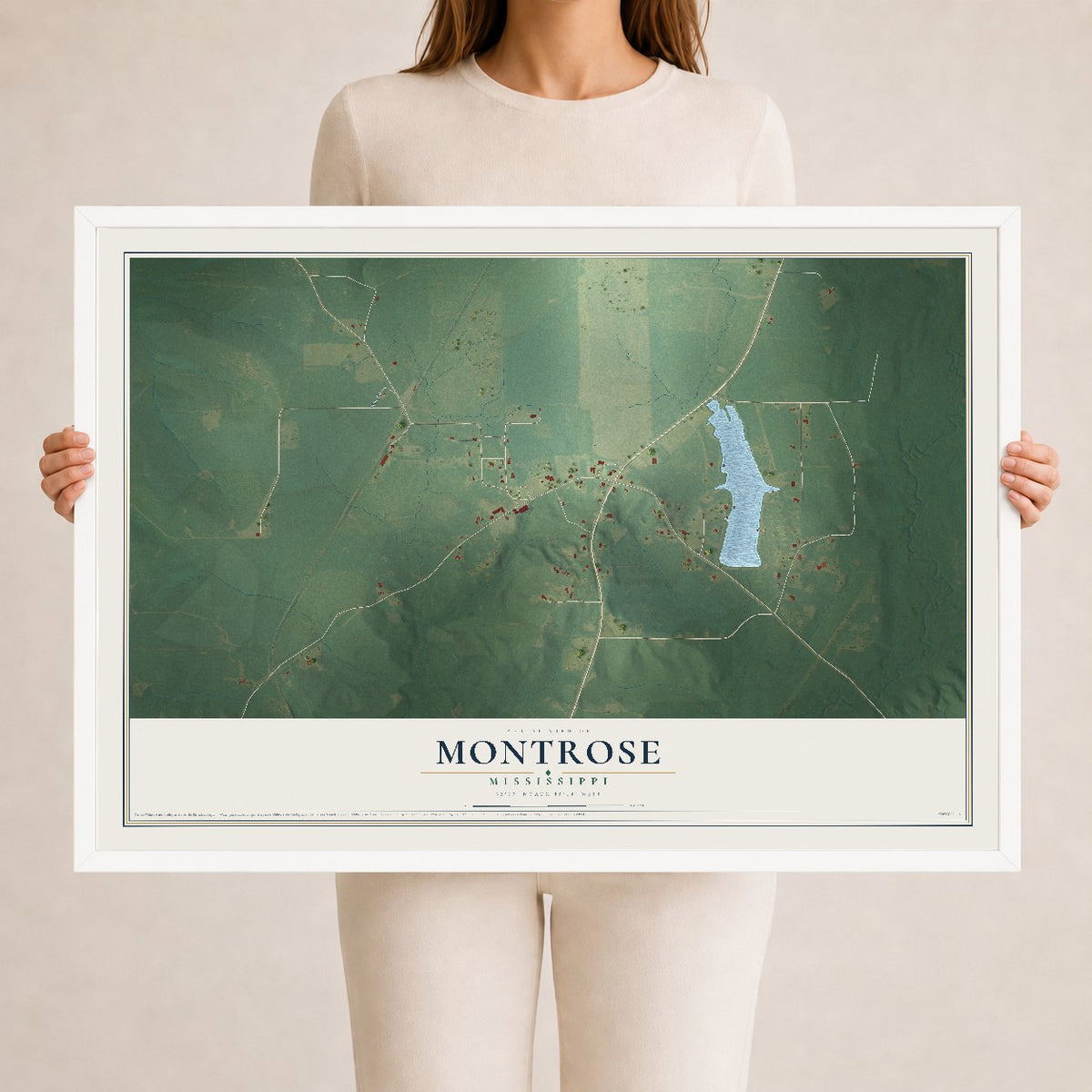 Map of Montrose, Mississippi, 24 x 36 inch print in a white wood frame