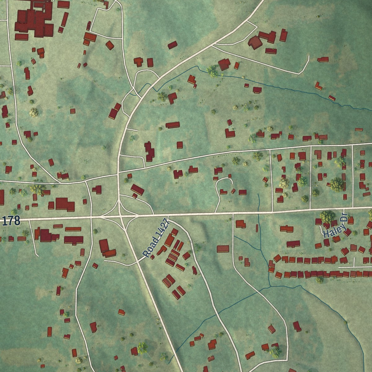Close-up of the map of Mooreville, Mississippi print showing street and building detail