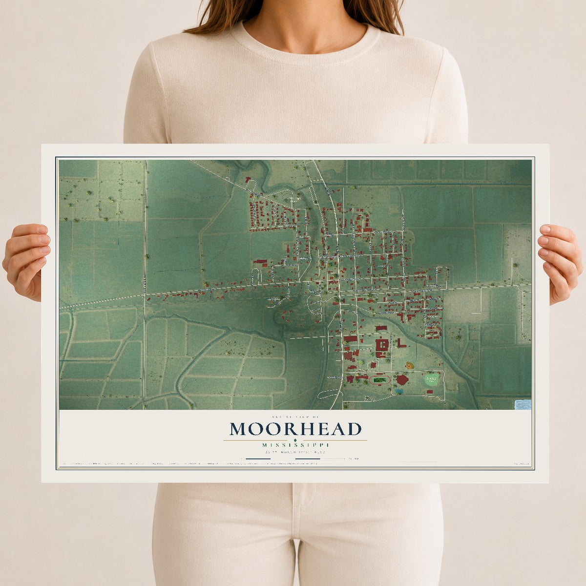 Map of Moorhead, Mississippi, 12 x 18 inch unframed archival matte print