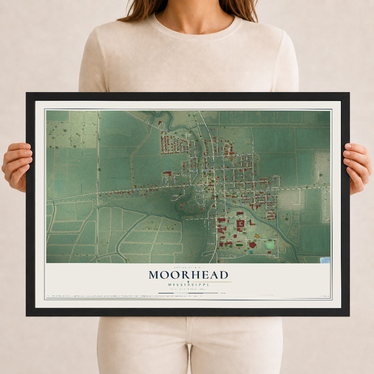 Map of Moorhead, Mississippi, 12 x 18 inch print in a black wood frame