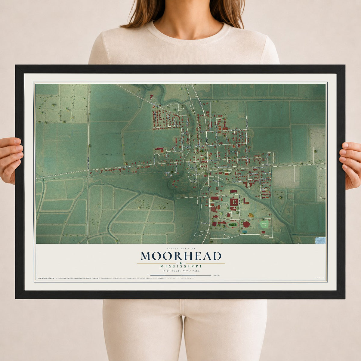 Map of Moorhead, Mississippi, 18 x 24 inch print in a black wood frame