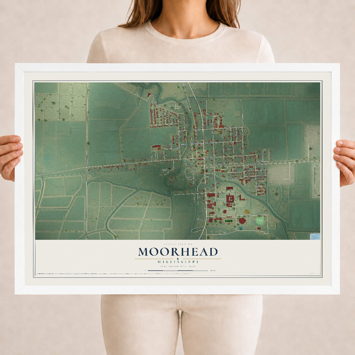 Map of Moorhead, Mississippi, 18 x 24 inch print in a white wood frame