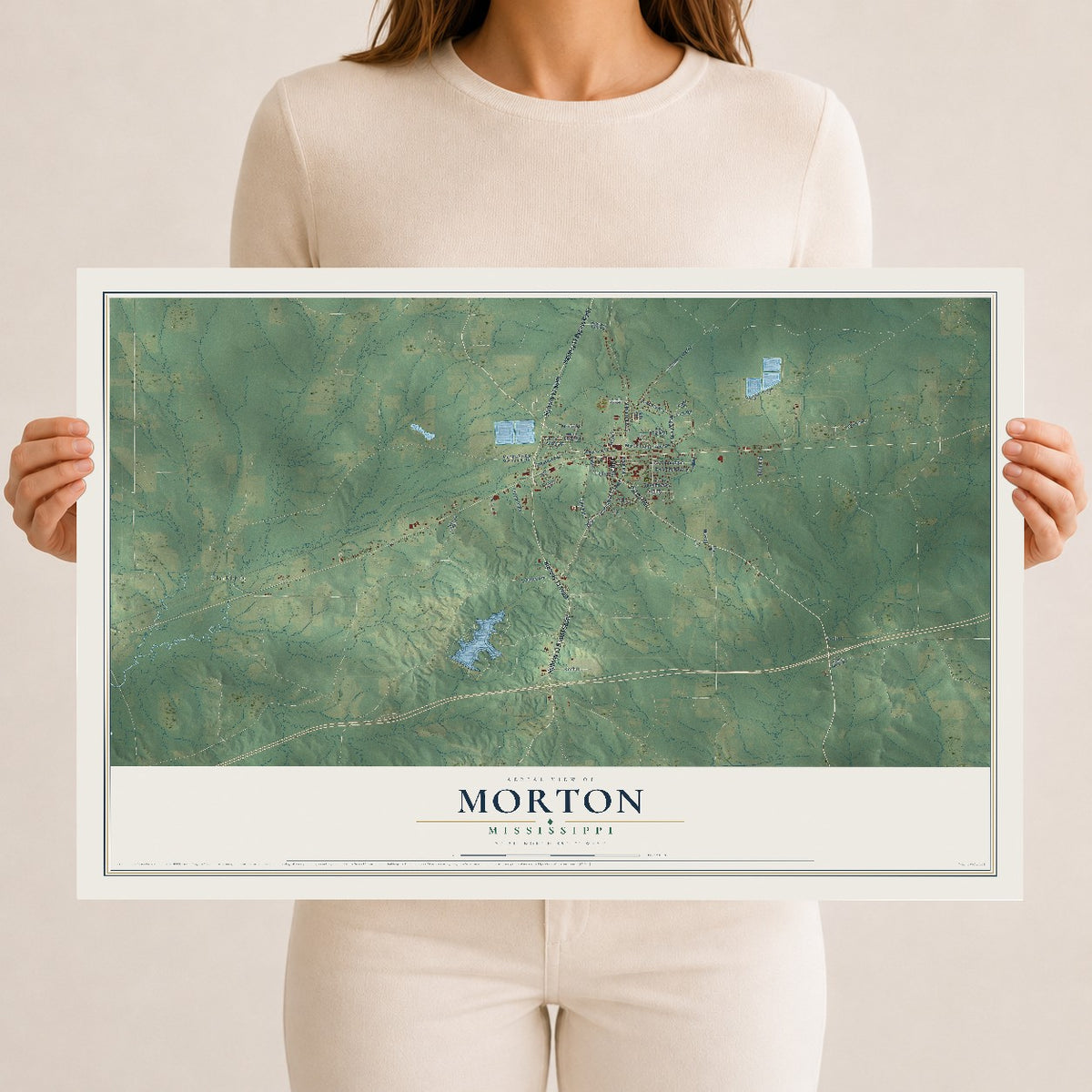 Map of Morton, Mississippi, 12 x 18 inch unframed archival matte print