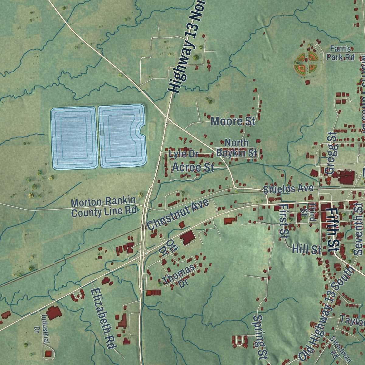 Close-up of the map of Morton, Mississippi print showing street and building detail