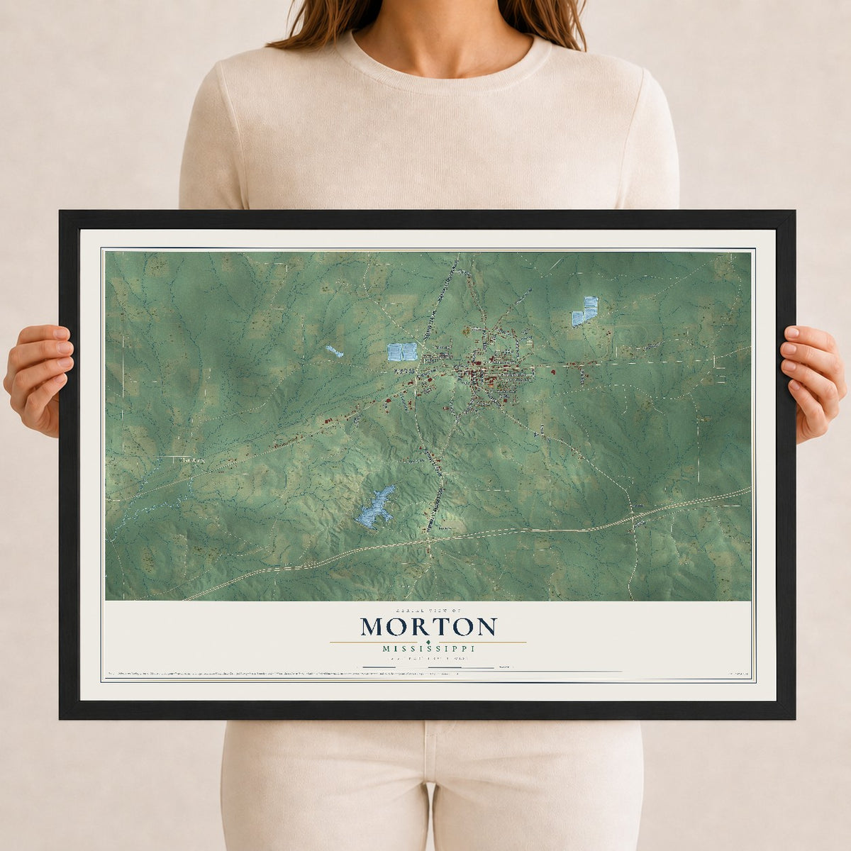 Map of Morton, Mississippi, 12 x 18 inch print in a black wood frame