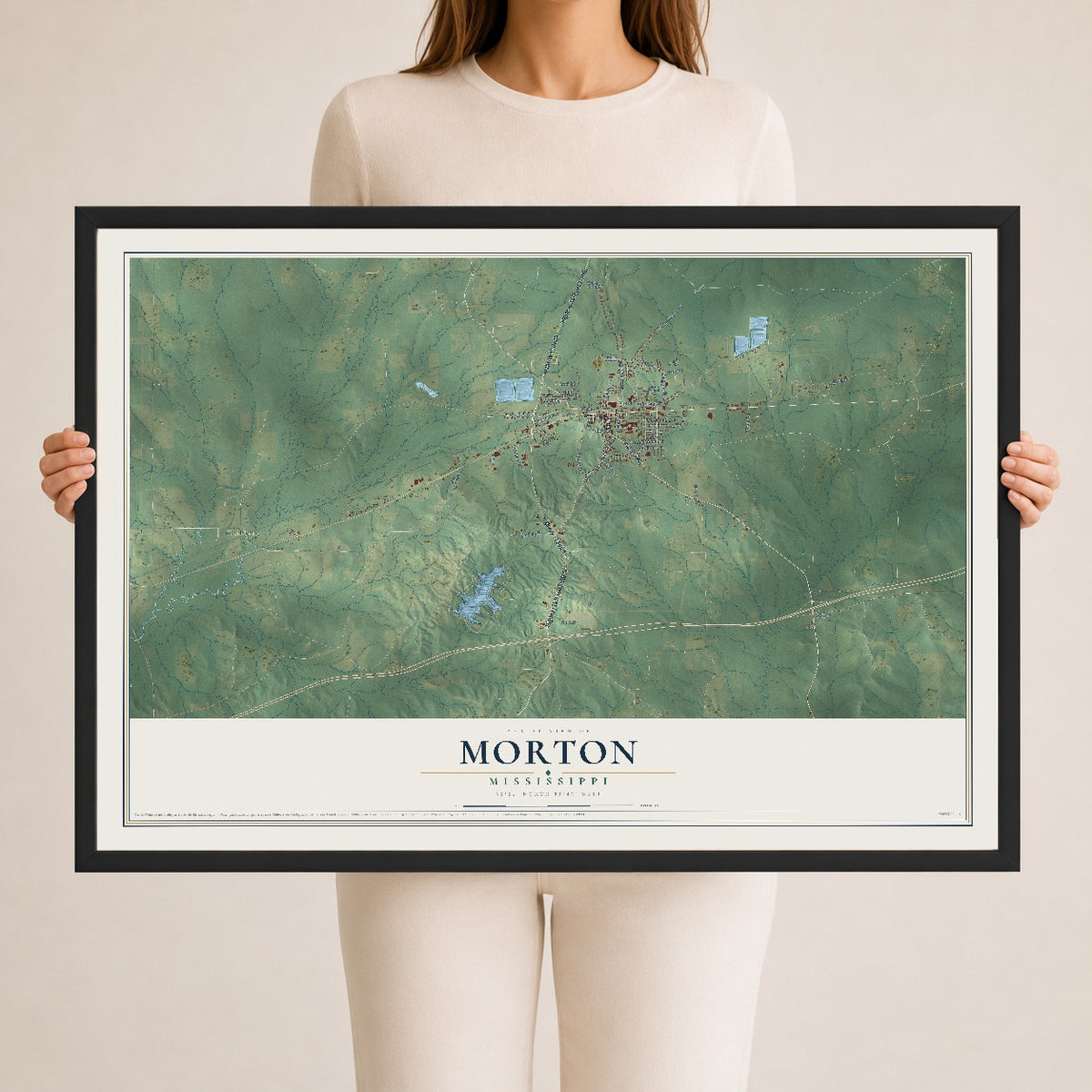 Map of Morton, Mississippi, 24 x 36 inch print in a black wood frame