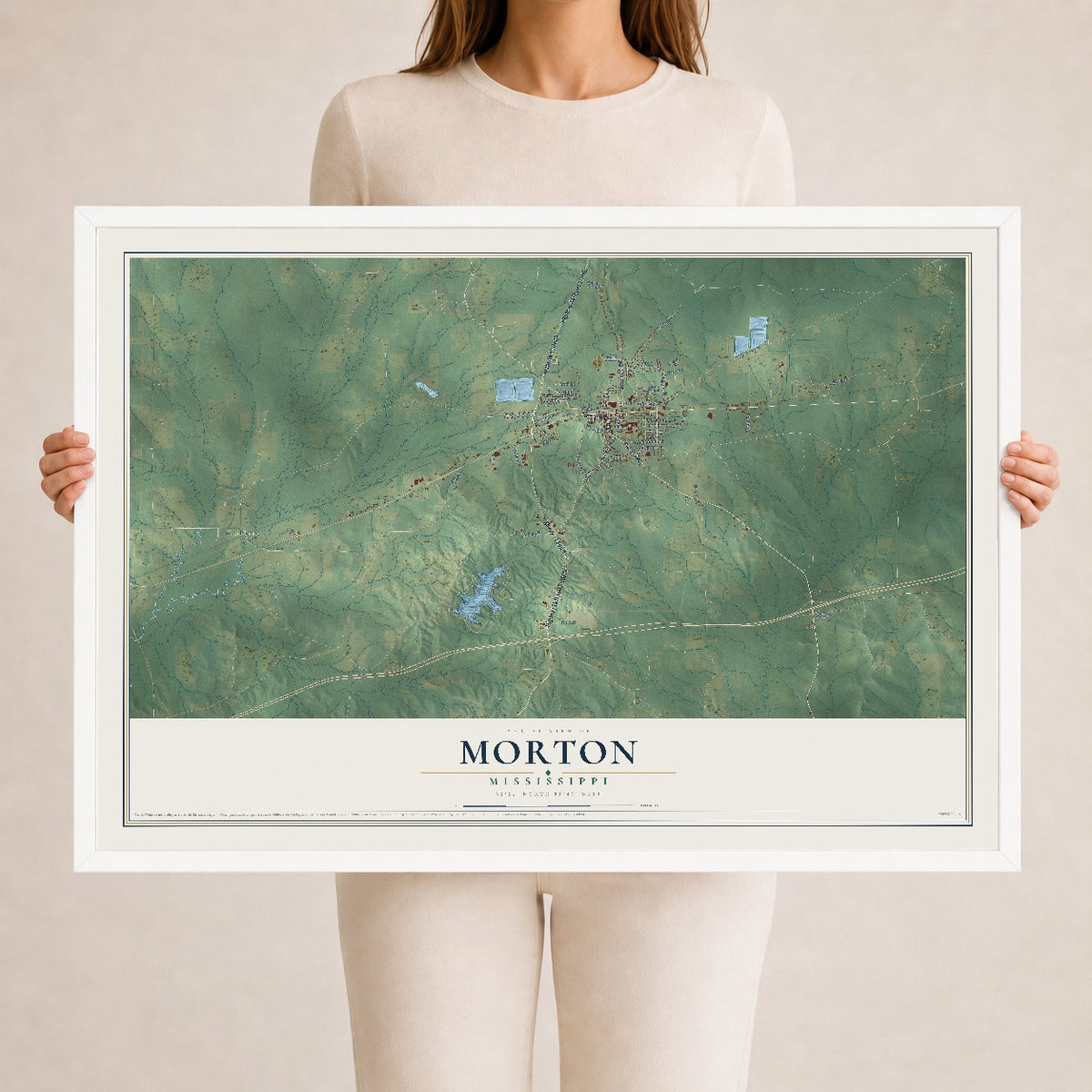 Map of Morton, Mississippi, 24 x 36 inch print in a white wood frame