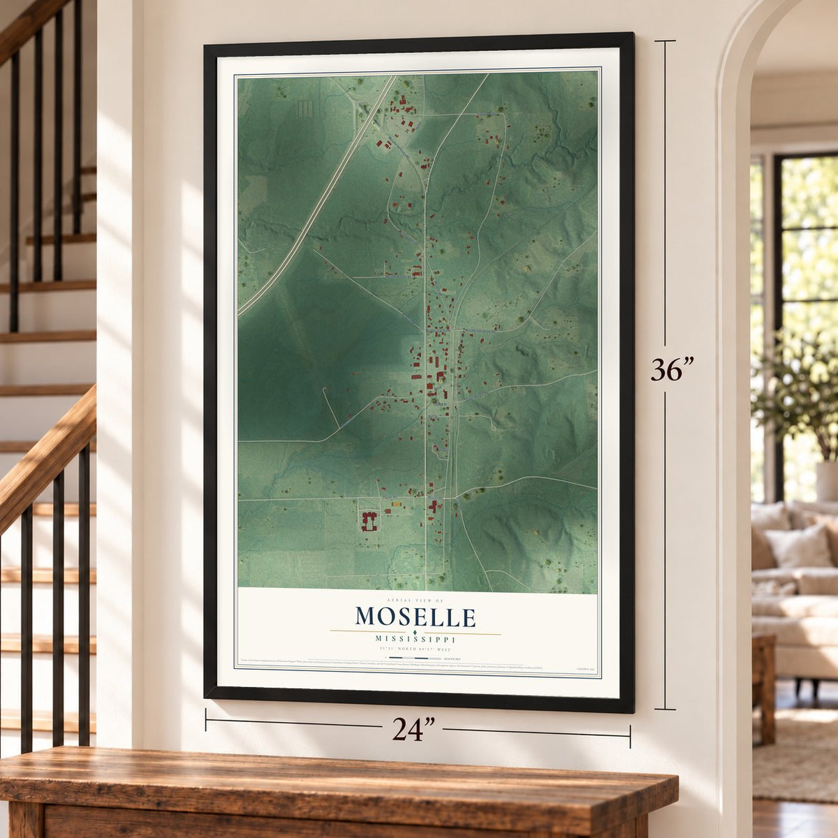 Moselle, Mississippi map, 24 x 36 inch print in a black frame by a staircase